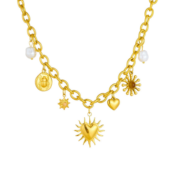 Fashion Retro Gold Plated Stainless Steel Heart Shape Pendant Necklace With Thick O Word Chain And Electroplating