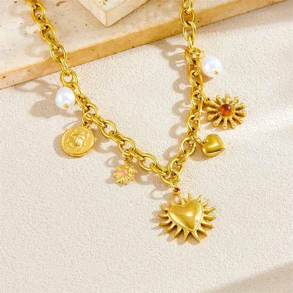 Fashion Retro Gold Plated Stainless Steel Heart Shape Pendant Necklace With Thick O Word Chain And Electroplating
