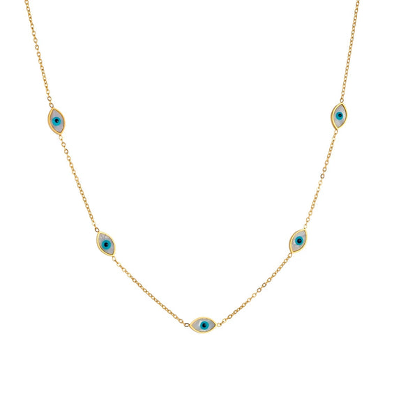 Fashion Retro Gold Plated Stainless Steel Jewelry Chain Necklace And Earrings With Blue Eyes Design For Women