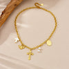 Fashion Retro Gold Plated Stainless Steel Oval Cross Pearl Pendant Necklace With Doll Pattern For Women