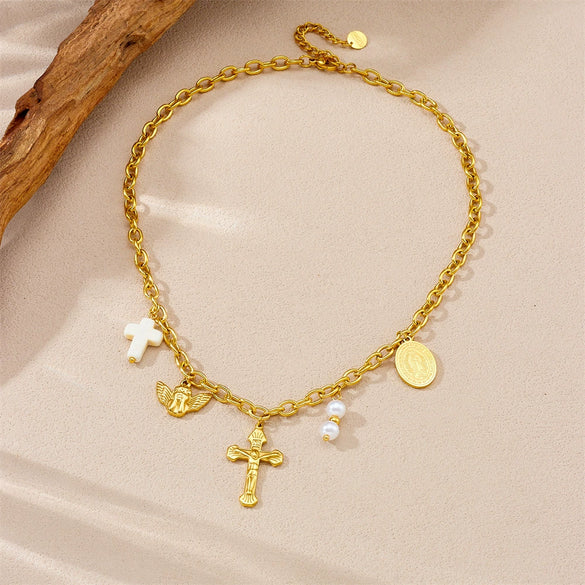 Fashion Retro Gold Plated Stainless Steel Oval Cross Pearl Pendant Necklace With Doll Pattern For Women