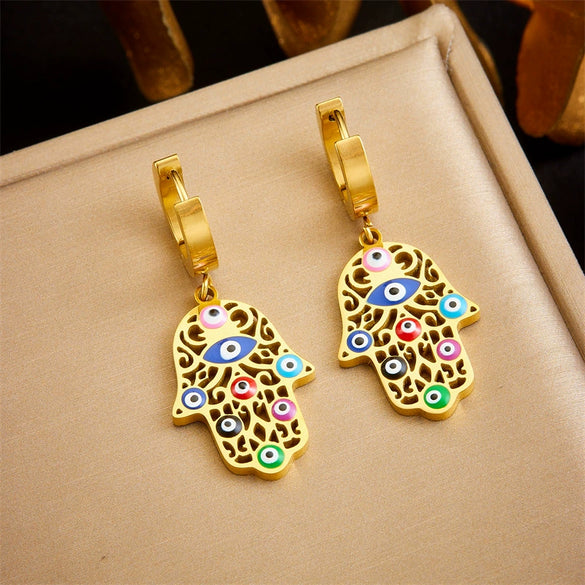 Fashion Retro Goldplated Stainless Steel Hollow Oil Dripping Colorful Eyes Palm Fanshaped Pendant Earrings For Women