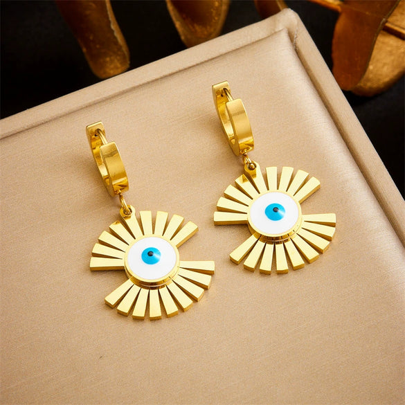 Fashion Retro Goldplated Stainless Steel Hollow Oil Dripping Colorful Eyes Palm Fanshaped Pendant Earrings For Women