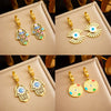 Fashion Retro Goldplated Stainless Steel Hollow Oil Dripping Colorful Eyes Palm Fanshaped Pendant Earrings For Women