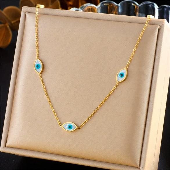 Fashion Retro Goldplated Stainless Steel Jewelry Set With Blue Eye Design Necklace And Earrings