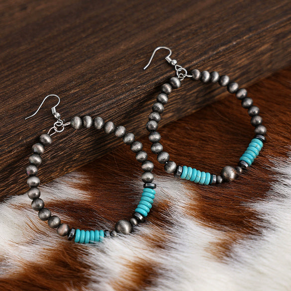 Fashion Retro Handmade Imitation Turquoise Geometric Circle Earrings For Women Stainless Steel Ear Needle Ccb Material