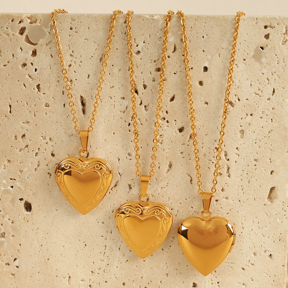 Fashion Retro Heart 316L Stainless Steel Gold Plated Pendant Necklace For Women