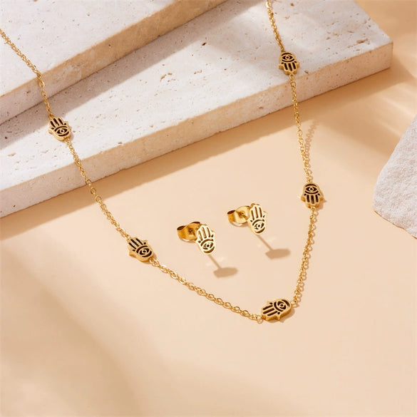Fashion Retro Hollow Palm Stainless Steel Chain Earrings Necklace Twopiece Set With Electroplating