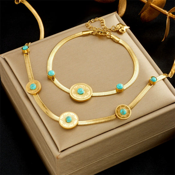 Fashion Retro Light Luxury Jewelry Snake Bone Chain Necklace And Bracelet Natural Turquoise Titanium Steel Electroplated