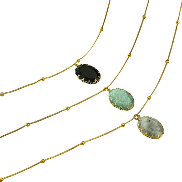 Fashion Retro Light Luxury Natural Stone Stainless Steel Women's Pendant Clavicle Chain Set With Gems