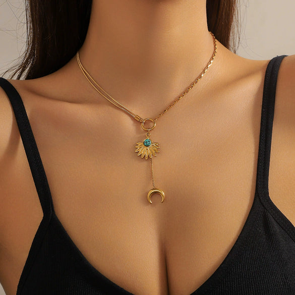 Fashion Retro Long Tassel Moon Pendant Stainless Steel Fanshaped Women's Chain Necklace With Electroplating Treatment