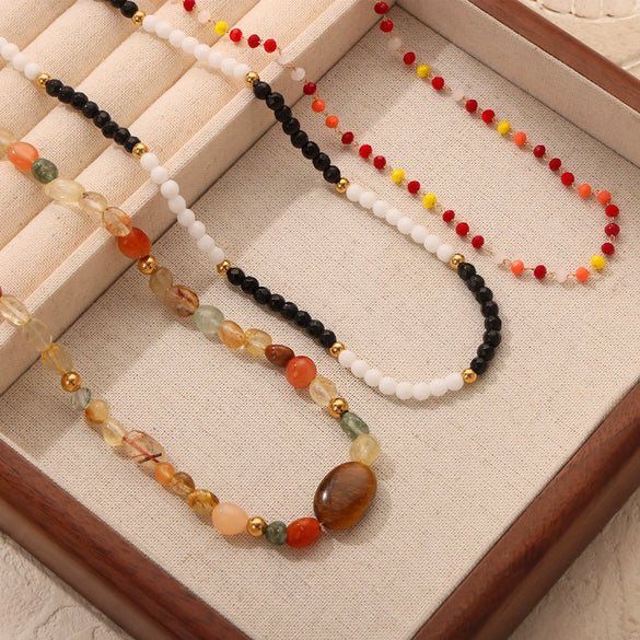 Fashion Retro Luxury Titanium Steel Gold Plated Agate Handmade Beaded Necklace With Geometric Pattern For Women