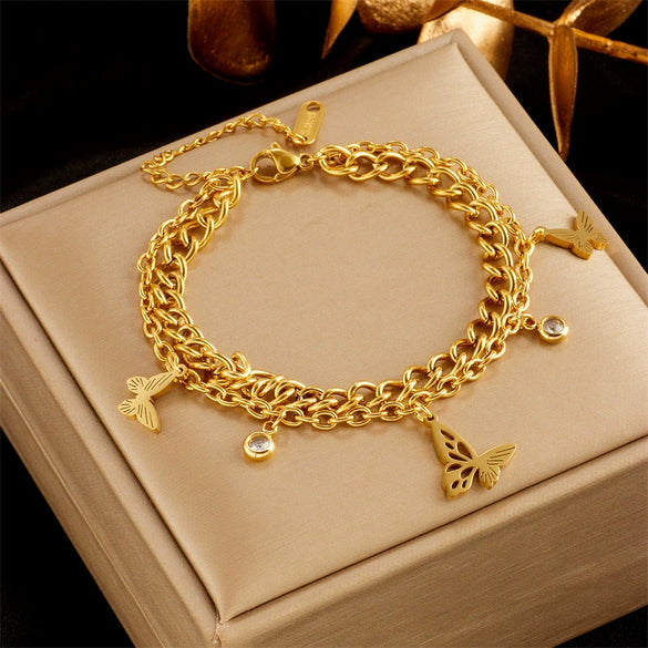Fashion Retro Metal Hollow Butterfly Diamond Pendant Titanium Steel Double Layer Chain Bracelet For Women With Electroplating