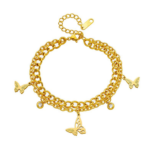 Fashion Retro Metal Hollow Butterfly Diamond Pendant Titanium Steel Double Layer Chain Bracelet For Women With Electroplating