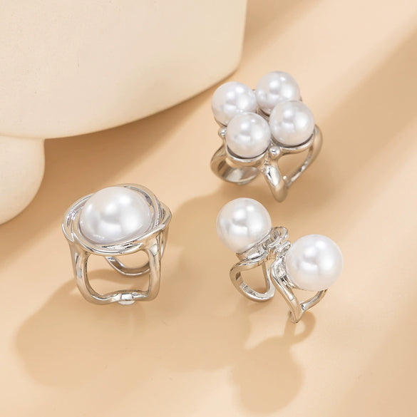 Fashion Retro Metal Imitation Pearl Geometric Style Ring Set With Electroplating And Button Joint