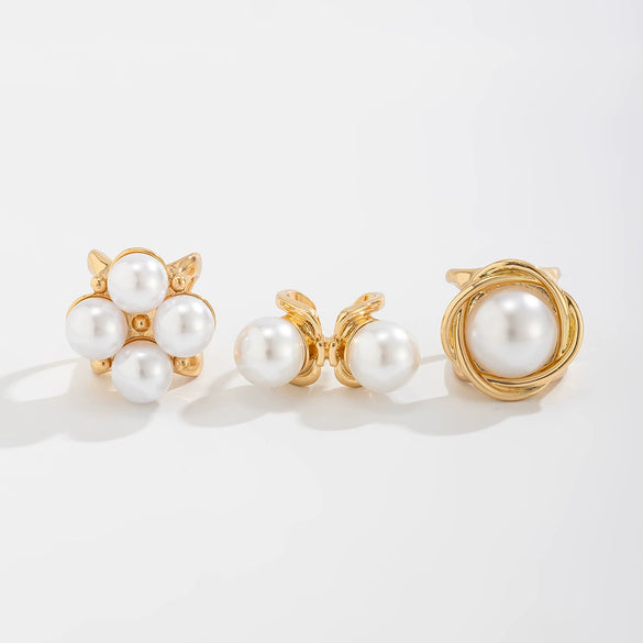 Fashion Retro Metal Imitation Pearl Geometric Style Ring Set With Electroplating And Button Joint