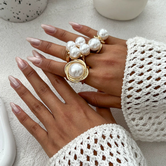 Fashion Retro Metal Imitation Pearl Geometric Style Ring Set With Electroplating And Button Joint
