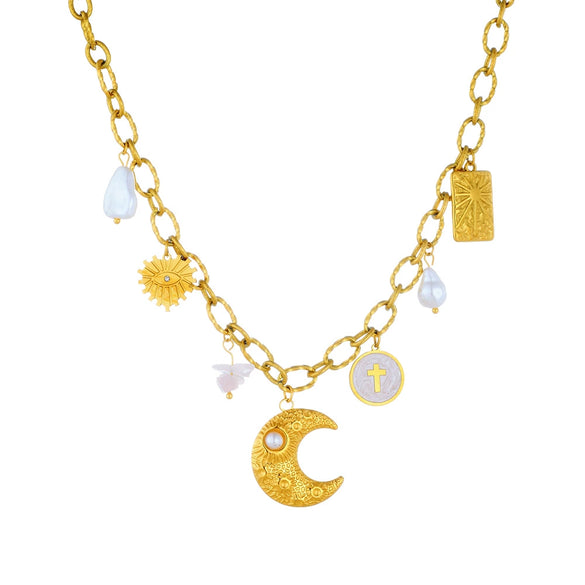 Fashion Retro Multielement Pendant Goldplated Stainless Steel Star Pattern Chain Women's Necklace