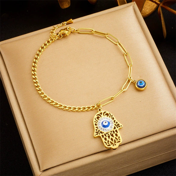 Fashion Retro Oil Dripping Devil Eye Crochet Palm Pendant Stainless Steel Bracelet Electroplated