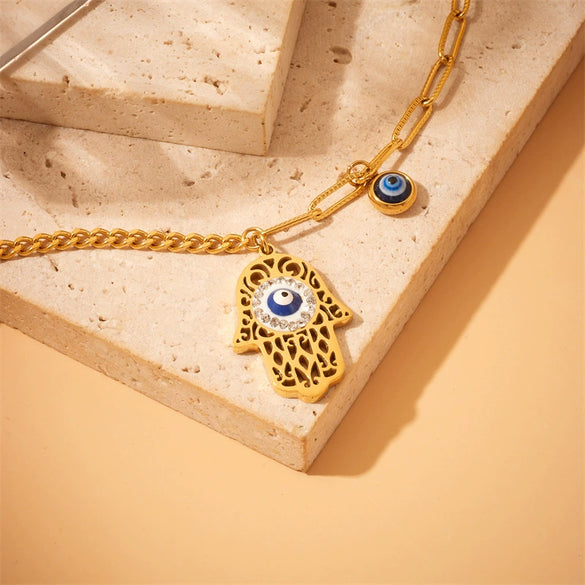 Fashion Retro Oil Dripping Devil Eye Crochet Palm Pendant Stainless Steel Bracelet Electroplated