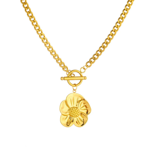 Fashion Retro Ot Buckle Side Chain Flower Pendant Stainless Steel Jewelry Necklace Gold Plated