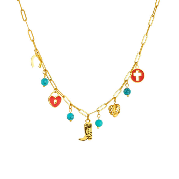 Fashion Retro Pendant Chain Necklace Stainless Steel With Red Oil Dropping Round Hollow Cross Love Lock Leaf And Heart Shapes Electroplating