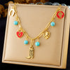 Fashion Retro Pendant Chain Necklace Stainless Steel With Red Oil Dropping Round Hollow Cross Love Lock Leaf And Heart Shapes Electroplating