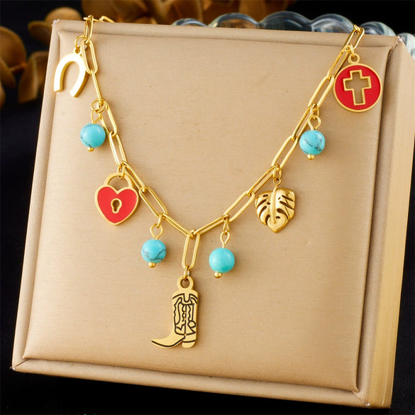 Fashion Retro Pendant Chain Necklace Stainless Steel With Red Oil Dropping Round Hollow Cross Love Lock Leaf And Heart Shapes Electroplating