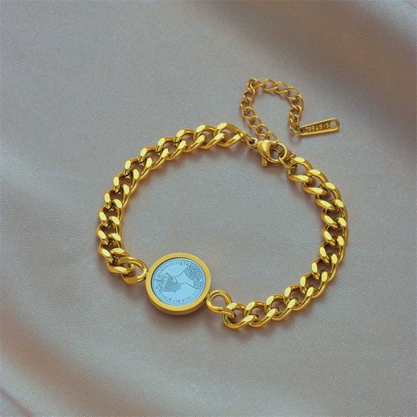 Fashion Retro Round Card Carving Queen Portrait Titanium Steel Electroplated Women's Bracelet