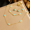 Fashion Retro Round Devil Eyes Blue Turquoise Flower Love Stainless Steel Jewelry Threepiece Set With Electroplating