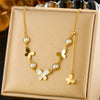 Fashion Retro Round Pearl Smooth White Shell Butterfly Pendant Tassel Chain Stainless Steel Necklace With Animal Zodiac Pattern And Electroplating Treatment