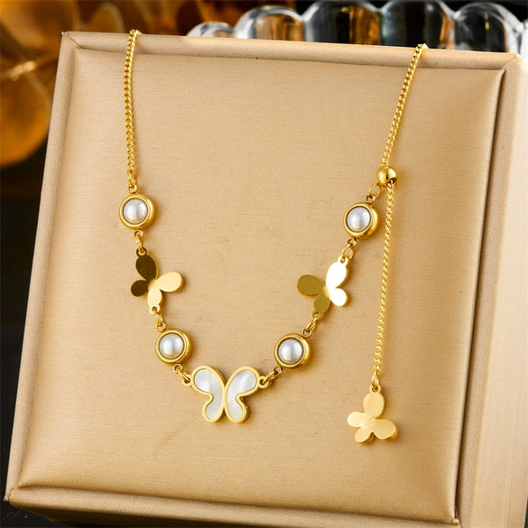 Fashion Retro Round Pearl Smooth White Shell Butterfly Pendant Tassel Chain Stainless Steel Necklace With Animal Zodiac Pattern And Electroplating Treatment