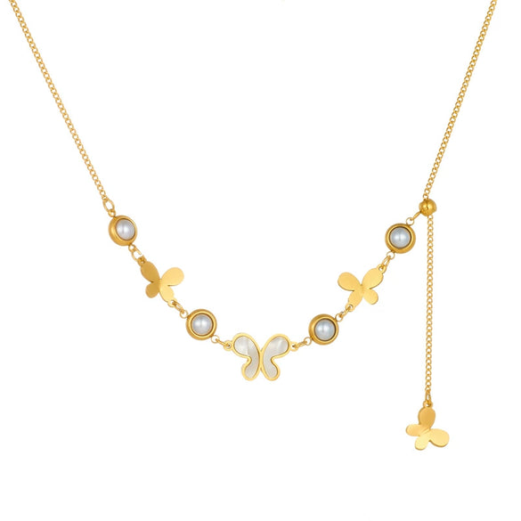 Fashion Retro Round Pearl Smooth White Shell Butterfly Pendant Tassel Chain Stainless Steel Necklace With Animal Zodiac Pattern And Electroplating Treatment