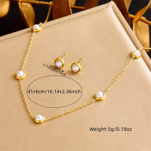 Fashion Retro Round Pearl Stainless Steel Jewelry Set With Electroplating Bracelet Earrings Necklace Accessories