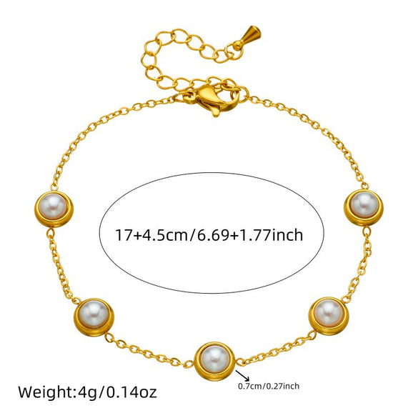 Fashion Retro Round Pearl Stainless Steel Jewelry Set With Electroplating Bracelet Earrings Necklace Accessories