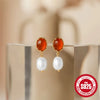 Fashion Retro S925 Sterling Silver Geometric Agate Pearl Emerald Single Row Diamondembedded Earring With Ear Buckle And Studs Set With Gemstones