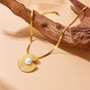 Fashion Retro Simple Cold Style Stainless Steel Goldplated Fanshaped Pearl Pendant Necklace Accessories