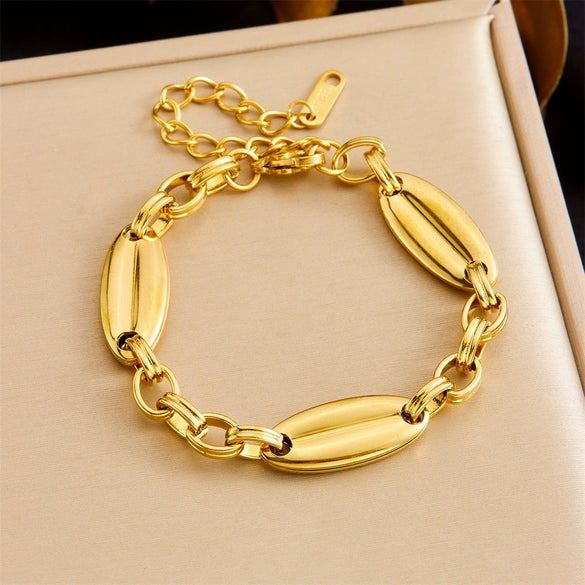 Fashion Retro Simple Geometric Oval Stainless Steel Goldplated Jewelry Bracelet For Women