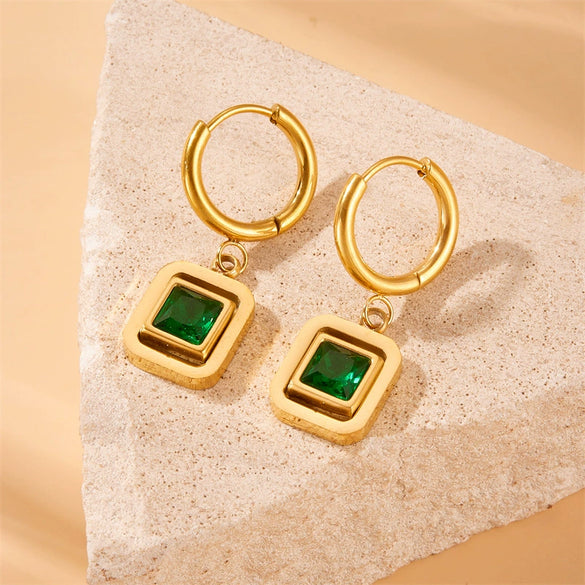 Fashion Retro Square Emerald Geometric Diamond Stainless Steel Earrings With Electroplating