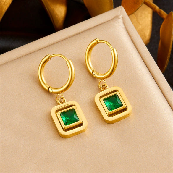 Fashion Retro Square Emerald Geometric Diamond Stainless Steel Earrings With Electroplating