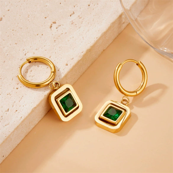 Fashion Retro Square Emerald Geometric Diamond Stainless Steel Earrings With Electroplating