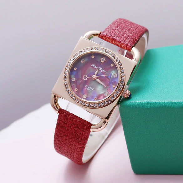Fashion Retro Square Rhinestone Quartz Watch For Female Students Pu Strap Alloy Case