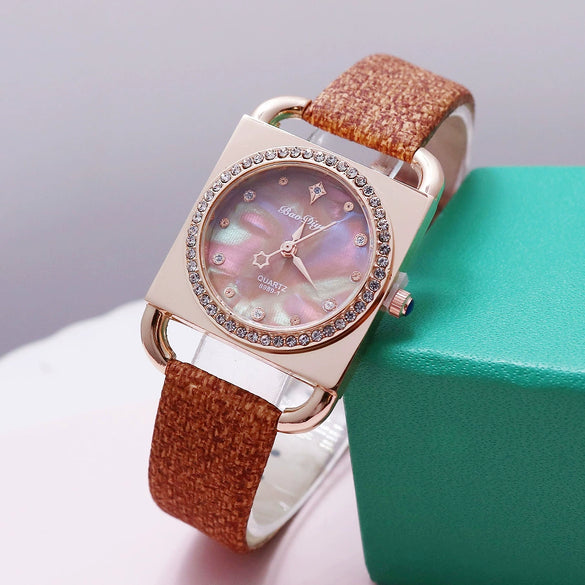 Fashion Retro Square Rhinestone Quartz Watch For Female Students Pu Strap Alloy Case