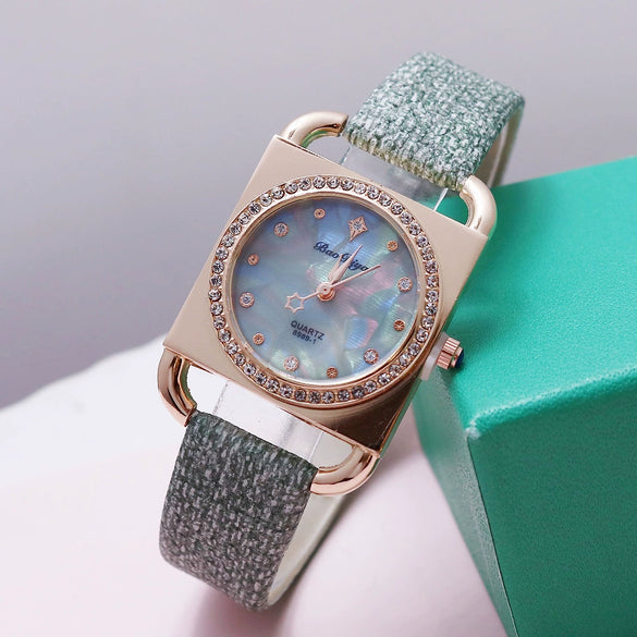 Fashion Retro Square Rhinestone Quartz Watch For Female Students Pu Strap Alloy Case