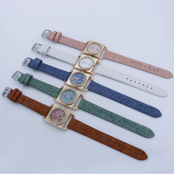 Fashion Retro Square Rhinestone Quartz Watch For Female Students Pu Strap Alloy Case