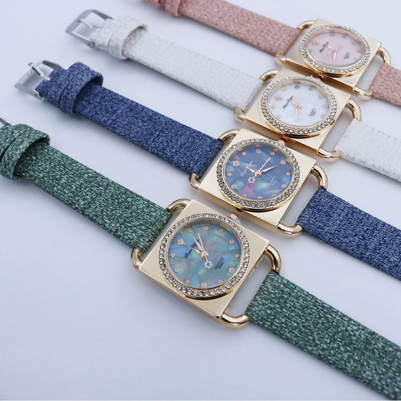 Fashion Retro Square Rhinestone Quartz Watch For Female Students Pu Strap Alloy Case