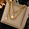 Fashion Retro Stacked Chain Stainless Steel Butterfly Moon Pearl Pendant Necklace For Women With Electroplating