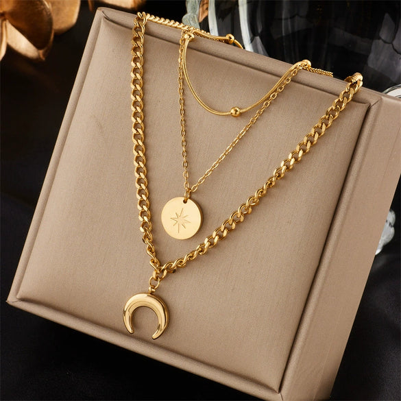 Fashion Retro Stacked Chain Stainless Steel Butterfly Moon Pearl Pendant Necklace For Women With Electroplating