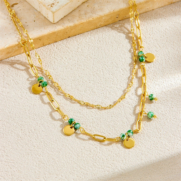 Fashion Retro Stacked Stainless Steel Goldplated Clavicle Chain Doublelayer Geometric Women's Necklace