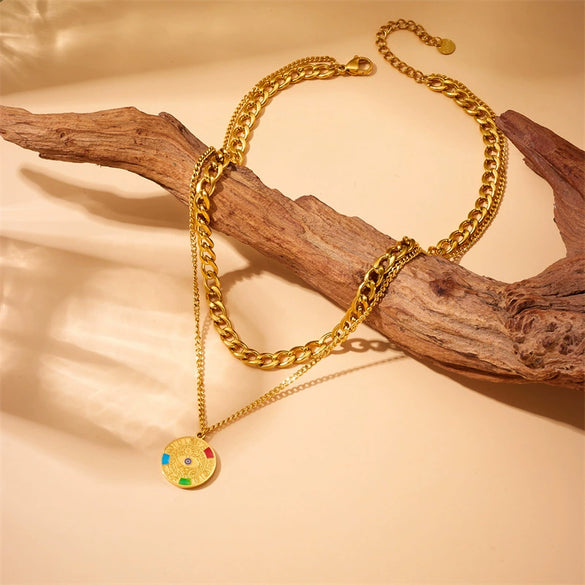 Fashion Retro Stainless Steel Compass Pendant Double Chain Electroplated Jewelry Necklace For Women